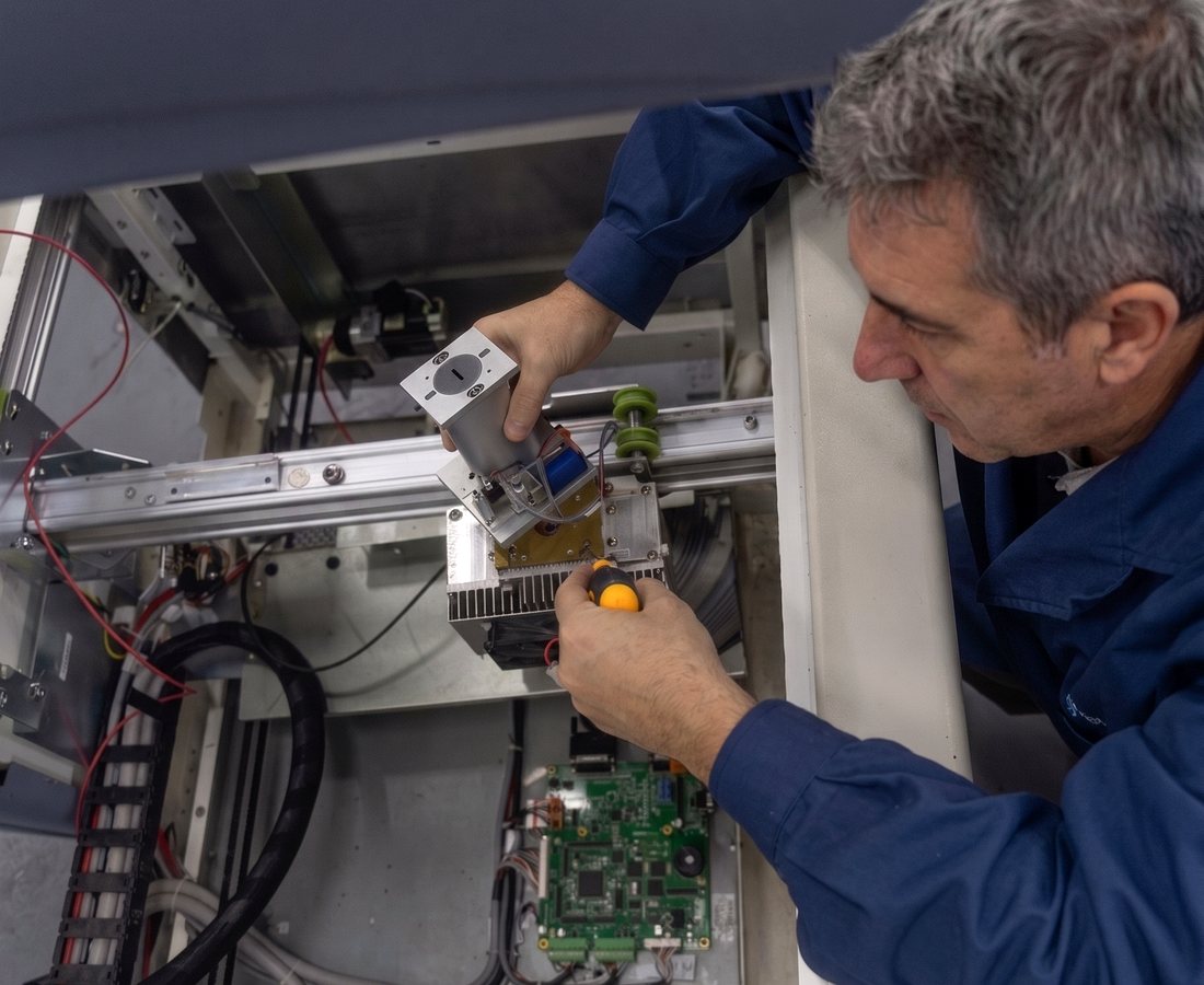 Técnico de DexaRay reparando el interior de un densitómetro